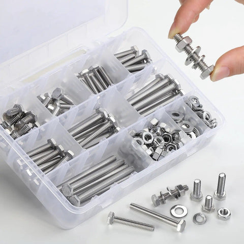 SAE 232-Piece 1/4-20 Bolt And Nut Assortment Kit With Washers, Stainless Steel Fasteners displayed in organized case