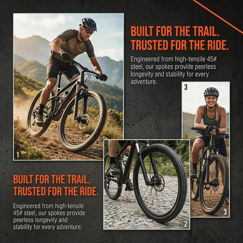 Cyclist riding rugged terrain with 36Pcs 14G Bicycle Spokes Kit 2mm Diameter 260mm Length for 26 Inch Rims with Caps Heavy Duty Steel Wheel Spokes.