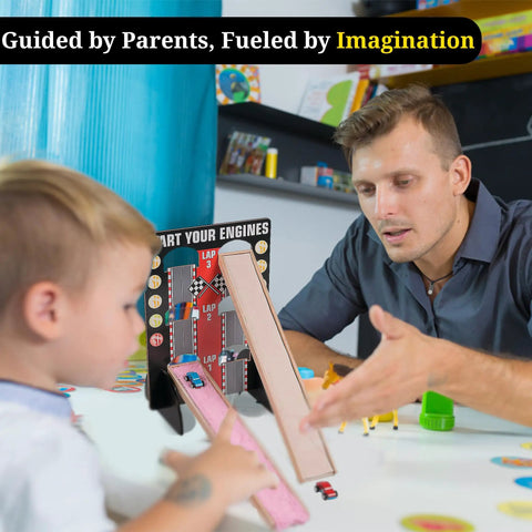 Adult and child engaging with Hands On Motion And Friction STEM Kit For Kids Ages 5 To 12, 21 Piece Physics And Engineering Set