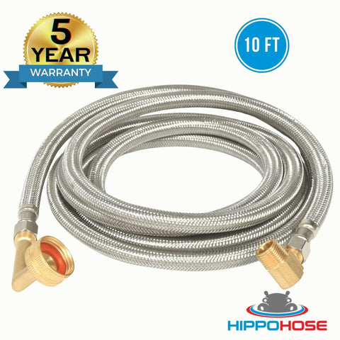 Universal Dishwasher Water Supply Hose Kit 10 Ft Braided Stainless Steel Line with fittings and connectors visible in coiled form.