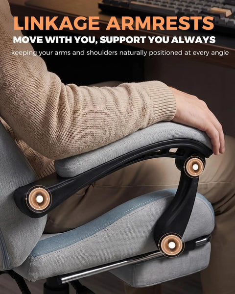 Person using Comfy Gaming Chair With Foot Rest And Pocket Spring Cushion featuring linkage armrests, Mist Blue.