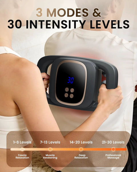 16 Head Percussion Massage Gun Deep Tissue Back Massager With 3 Modes And 30 Intensity Levels for full body recovery shown in use
