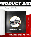 Heavy Duty Tough As Nails Neoprene Rubber Sheet Roll With Adhesive Backing One Sixteenth Inch Thick Twelve Inch Wide Ten Feet Long For DIY Gaskets Seals Flooring And Weatherproofing With Included Utility Knife image showing dimensions and thickness gauge.