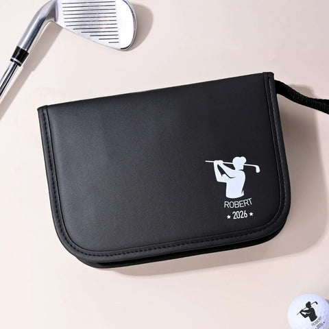 Custom Name Monogram PU Leather Golf Organizer Pouch With Engraving in black with golfer silhouette and name 'Robert'