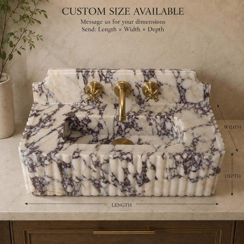 Calacatta Viola Marble Sink with Sculpted Backsplash, Fluted Vanity Washbasin, Hand-Carved Natural Stone Bathroom Basin top view