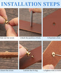Installation steps for Heavy Duty D Ring Rivets For Leather Purse Hardware With Hole Punch And Screwdriver kit showing D-ring attachment.