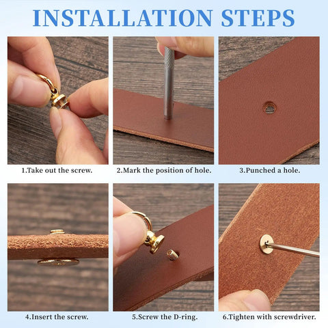 Installation steps for Heavy Duty D Ring Rivets For Leather Purse Hardware With Hole Punch And Screwdriver kit showing D-ring attachment.