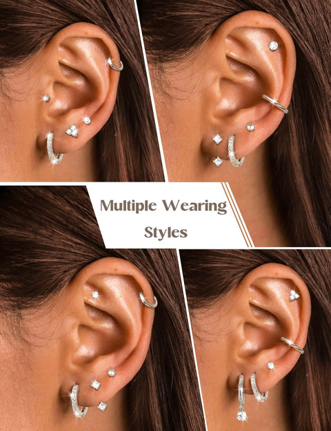 Lightweight Hypoallergenic Silver Earring Stacks For Women 7 Pair Set Lets You Mix And Match CZ studs and hoops on a woman’s ear