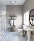 Bathroom with Decorative Chrome Bathroom Exhaust Fan With Lighting 90 CFM 2.5 Sones HVI Certified ETL Listed Premium Glass Shade