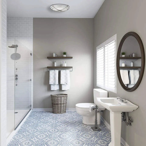 Bathroom with Decorative Chrome Bathroom Exhaust Fan With Lighting 90 CFM 2.5 Sones HVI Certified ETL Listed Premium Glass Shade