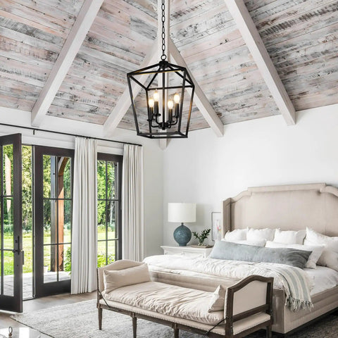 Black Farmhouse Chandelier 4 Light Ceiling Fixture With Height Adjustable Flexible Chain perfect for cozy bedroom with rustic vibes.