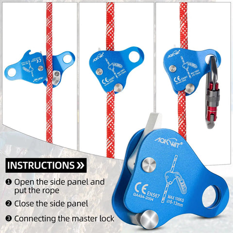 Climbing Ascender Fall Protection Belay Device And Rope Grab For Rock Climbing Mountaineering Arborist Tree Work Expedition Caving Rescue And Aerial Tasks Built For Beast Mode Aluminum Gear Blue with red rope and instructions panel.