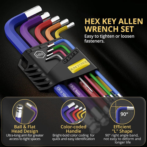 Long Ball End Hex Key Set 9 Piece Metric Allen Wrenches 1.5 To 10 Mm Anti Slip Color Coded in holder
