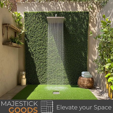Outdoor shower area with fake green turf, includes Tool Free Interlocking Artificial Turf Deck Tiles 12x12 Inches Set of 8.