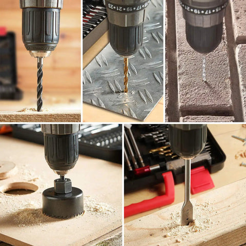 All In One 318 Piece Drilling And Driving Kit With Color Coded Bits High Speed Steel And CRV Bits in use on wood, metal, brick surfaces.