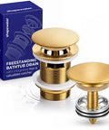 Heavy Duty Brass Pop Up Drain For Freestanding Tub With Brushed Gold Finish And Smart Hair Catcher, showing dual design features.