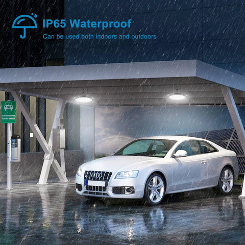 LED High Bay Light 300W Two Pack 5000K UFO LED High Bay Lamps 30000 Lumens lighting car under shelter in rain IP65 waterproof