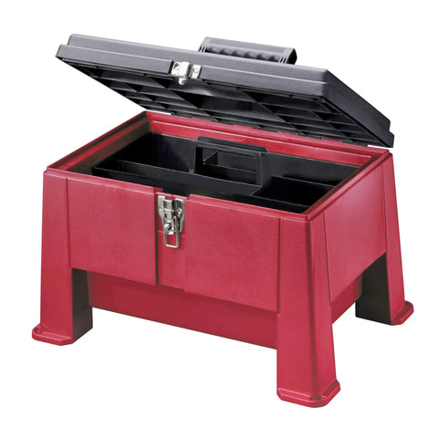 20 Inch Heavy Duty Step Stool Tool Box Built Tough With Lockable Nickel Plated Draw Bolt Latch, lid open showing tray