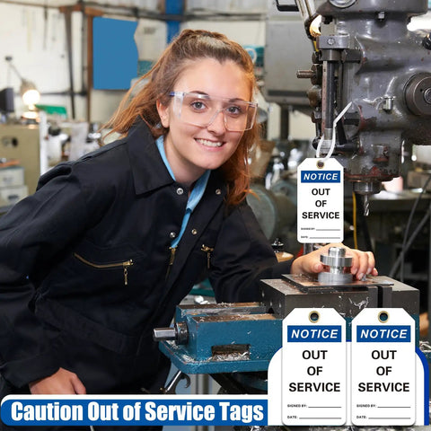 Out Of Service Notice Tags Kit With 30 White 5.5 By 3 Inch Signs in use on machinery in factory setting.