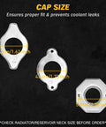 Shop Grade No Drip Coolant Funnel Kit With 19 Universal Radiator Burping And Bleeder Tools showing three coolant cap sizes for proper fit.