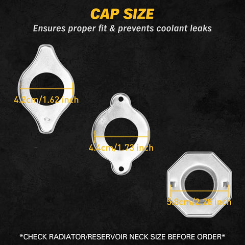 Shop Grade No Drip Coolant Funnel Kit With 19 Universal Radiator Burping And Bleeder Tools showing three coolant cap sizes for proper fit.