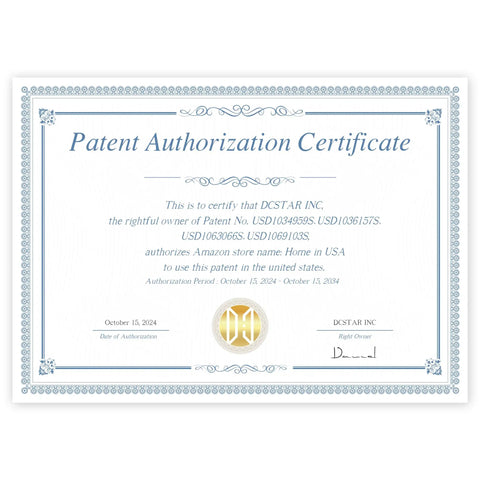 Patent authorization certificate for DCSTAR INC, October 2024, enabling Amazon store use in USA, includes patented details.