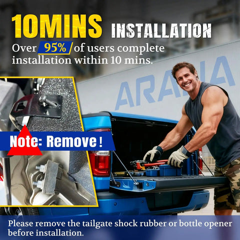 Installation of Tailgate Assist Shock for Ford F Series Trucks 1997 2016 Soft Open Damper Hydraulic Strut with tools shown