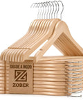 Heavy Duty Wooden Clothes Hangers Set Pro Grade Non Slip Contoured Hangers For Coats Jackets Suits And Pants With 360 Chrome Hook Grooved Pant Bar Notches 20 Pack For Closet Organization displayed stacked and arranged side view