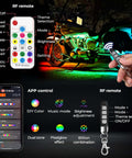 Lit Underglow LED Kit With Brake And Turn Signals For Motorcycles, RGB Lights with DITRIO App and RF Remote demonstration.