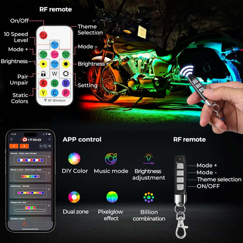 Lit Underglow LED Kit With Brake And Turn Signals For Motorcycles, RGB Lights with DITRIO App and RF Remote demonstration.