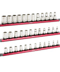 15.5 Inch Red Twist Lock Magnetic Socket Rail Set For Toolbox Organization, Holds 36 Sockets, Lightweight Aluminum Organizer