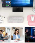 Super Comfy Gel Wrist Rest Mouse Pad With Ergonomic Support Non Slip Surface For Office Gaming And Study Cushioned Smooth Pink Desk Mat For All Day Comfort shown on desk setup with images of usage in office, home, and gaming environments.
