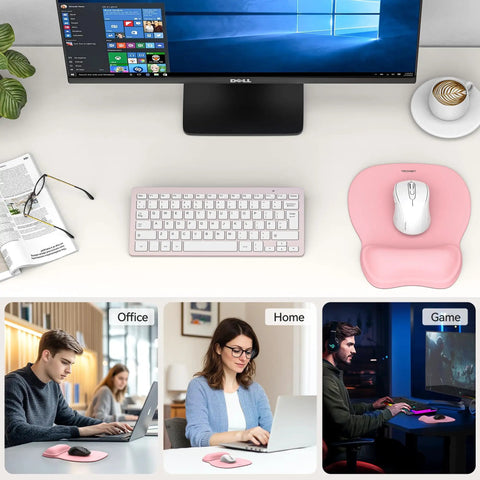 Super Comfy Gel Wrist Rest Mouse Pad With Ergonomic Support Non Slip Surface For Office Gaming And Study Cushioned Smooth Pink Desk Mat For All Day Comfort shown on desk setup with images of usage in office, home, and gaming environments.