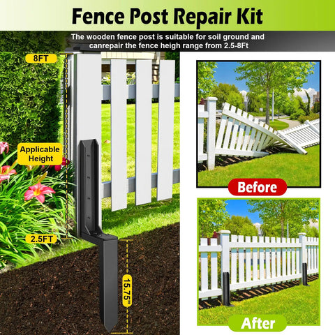 4 Pack Heavy Duty Fence Post Repair Kit With Ground Stakes For Fixing Tilted Or Broken Wood Posts Includes 32 Inch Stakes Galvanized Screws And Wrench Durable Post Anchor System For Fast Easy Home Fence Repair showing installation before and after