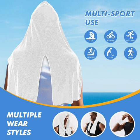 Person wearing 3 Pack Cooling Hoodie Towels For Neck And Face With UPF 50 Sun Protection, shown with ocean and sports icons.