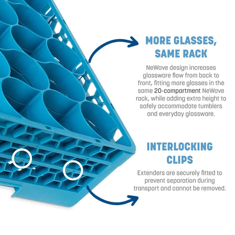 OptiClean NeWave 20-Compartment Glass Rack With 2 Extenders, Polypropylene, blue rack showing interlocking clips and compartments