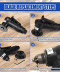 Pneumatic chamfering tool (black) by Amazon with blade replacement steps diagram.