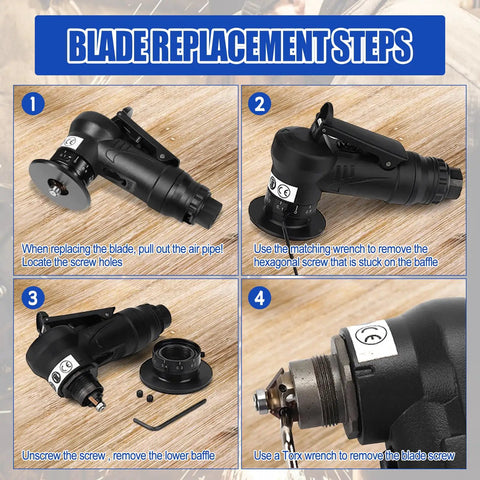 Blade replacement steps for Ultra Lightweight Portable Mini Pneumatic Chamfering Machine with Handheld Air Deburring Tool.