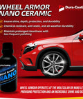 Wheel Armor Nano Ceramic Coating Spray For Wheels Metal Paint Plastic Glass Repels Water Dirt Debris And Oils For Ultra Durable Shine And Beast Mode Protection Made In USA, red car and bottle