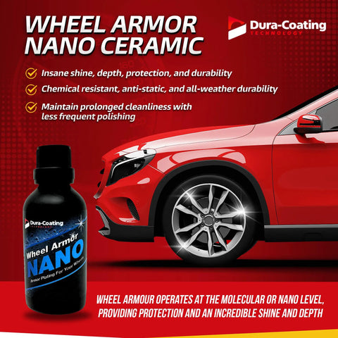 Wheel Armor Nano Ceramic Coating Spray For Wheels Metal Paint Plastic Glass Repels Water Dirt Debris And Oils For Ultra Durable Shine And Beast Mode Protection Made In USA, red car and bottle