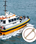 A yellow pilot boat next to inset of 60 Piece Lynch Pin Set With Ring Three Sixteenth Inch Beefy Heavy Duty Trailer Pins