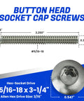 Heavy Duty 18 8 Stainless Steel Button Head Socket Cap Screws 5/16 18 X 3 1/4 Inch Full Thread with dimensions displayed.