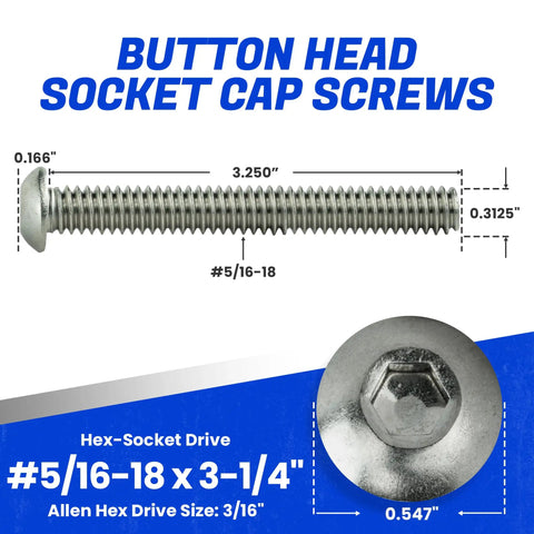 Heavy Duty 18 8 Stainless Steel Button Head Socket Cap Screws 5/16 18 X 3 1/4 Inch Full Thread with dimensions displayed.
