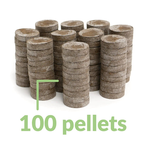 Indoor Seed Starter Kit With 100 36mm Peat Pellets That Expand With Water stacked in rows.