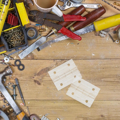 Two Sets of Mini Acrylic Hinges for Wooden Boxes and Crafts on workbench with tools and screws