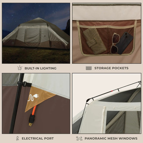 Ten Person Instant Cabin Tent With Built In Led Lighting And Pop Up Setup Large Lighted Camping Tent For Outdoor Adventures Glamping Or Backyard Use Includes Storage Pockets For Gear