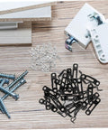 30 Pack Hidden Furniture Connectors And Adjustable Cabinet Fastener Brackets For Wardrobes And Sofas Offer Invisible Shelf Joining Hardware to show black connectors and tools on wooden surface.