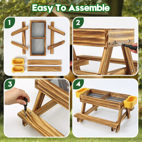 Assembly steps for Carbonized Wooden Chicken Picnic Table Feeder With Two Water Dispensers No Mess Poultry Feeder