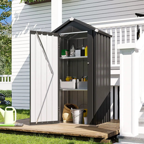 Vertical Metal Tool Cabinet With Floor Weatherproof Outdoor Storage Shed 21 Cu Ft Capacity 5.25 Ft Tall 2.5 By 2 Ft Footprint Adjustable Shelves