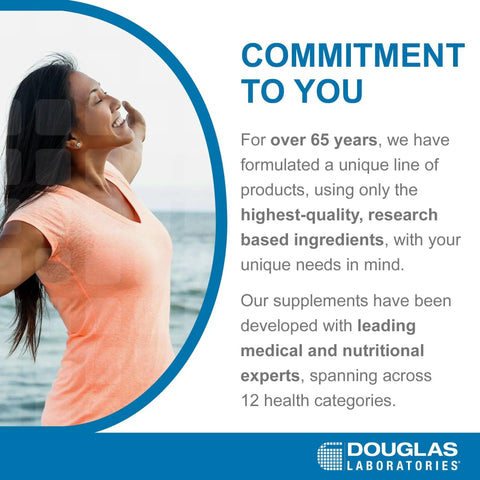 Woman stretching with text about Douglas Laboratories' quality commitment and health supplements, featuring a 65-year history.